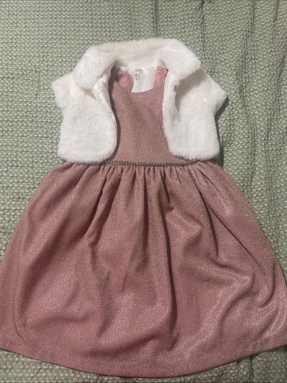 Tahari Pink Shimmer Party Dress with White Faux Fur Bolero
